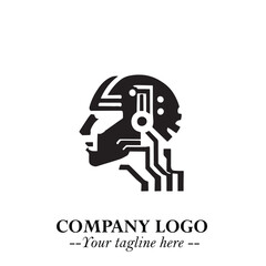 Head of Robot Logo Symbol in Black on the White Background Futuristic Minimalist Illustration