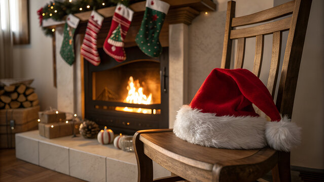 Festive Christmas fireplace with stockings and gifts warm and cozy holiday scene perfect for seasonal greetings and home decor inspiration - Powered by Adobe