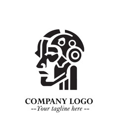 Head of Robot Logo Symbol in Black on the White Background Futuristic Minimalist Illustration