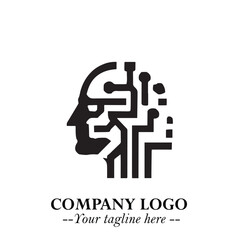 Head of Robot Logo Symbol in Black on the White Background Futuristic Minimalist Illustration