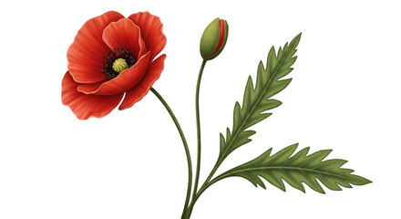 Vibrant Red Poppy Flower with Bud and Leaves