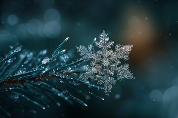 Frosted Snowflake on Dark Pine Needle
