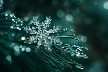 Frosted Snowflake on Dark Pine Needle
