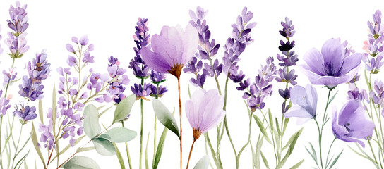 Seamless watercolor lavender flower border