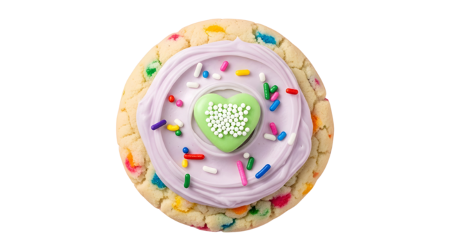 Sweet baked sugar cookie with purple frosting, sprinkles, and "Love You" message for Valentine's Day isolated PNG with Transparent Background - Powered by Adobe