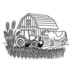 Fototapeta premium Farm tractor plowing field near rural building sketch illustration