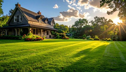 Warm sunlight shines on a large house with a green lawn and trees in the yard