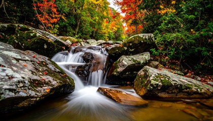 Waterfall flowing through rocks, surrounded by vibrant autumn foliage in a lush forest, creating a serene scene