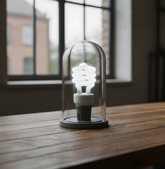 Energy-saving light bulb enclosed inside a glass dome on a wooden table, symbol of efficient technology, innovation, and sustainable energy