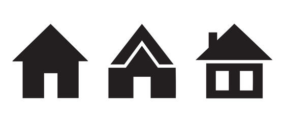 House Icon Set. Black Silhouettes of Residential Buildings with Roof, Door, and Window Variations.