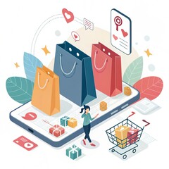 Online shopping depicted with bags, gifts, cart, phone, plants, hearts, and person, in a light cartoon style