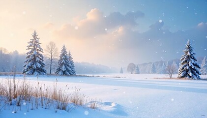 Serene Winter Snowfall Blanketing a Snow-Covered Field and Distant Trees Peaceful Idyllic Wilderness Landscape Perfect for Holiday and Nature Themes