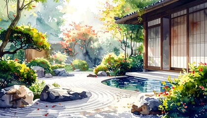 Watercolor painting of a serene Japanese garden with raked gravel, lush greenery, and a small pond beside building