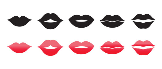 Set of lips icons. isolated on white background in black and red color.