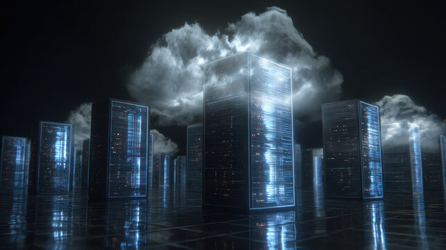 Futuristic digital servers with glowing lights and cloud data transfer concept in dark environment