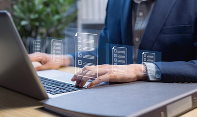 Business compliance and regulation concept. Digital interface showing standard guidelines,...