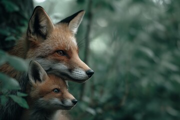 Fototapeta premium foxes in the autumn forest with copy space