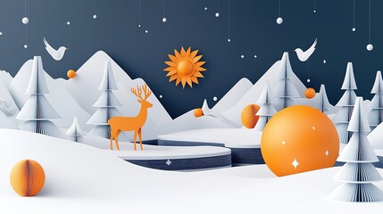 3D Wallpaper of Dark Blue and Gold Forest with Deer, Mountains and River
