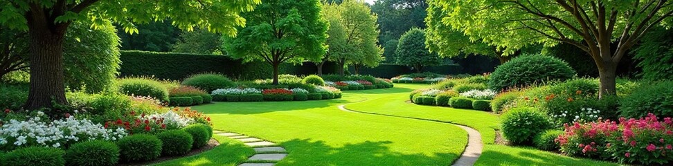 Serene Landscape Design Curving Pathways, Lush Greenery, Vibrant Flowerbeds, Mature Trees create an inviting outdoor space perfect for residential or commercial properties.