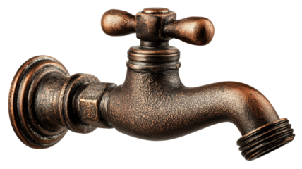 Bronze water tap with antique finish showing metallic plumbing fixture and classic faucet design isolated on white background