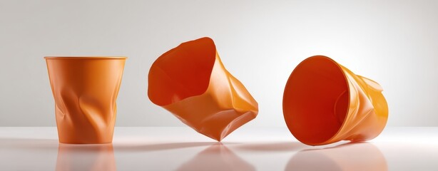 The Orange Crushed Cups on a Reflective White Surface in Studio Lighting