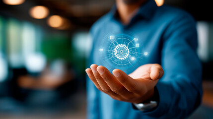 Professional presenting technical support service icons interface crop below eyes background softly defocused technical support IT support help desk support services technic