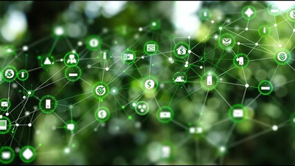 Digital Ecosystem in Nature: An intricate network of digital icons interweaves seamlessly with the natural world, embodying the fusion of technology and the environment. - Powered by Adobe