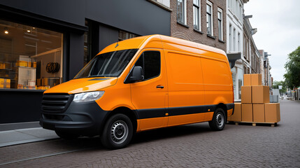 Delivery van parked on city street with stacked boxes nearby