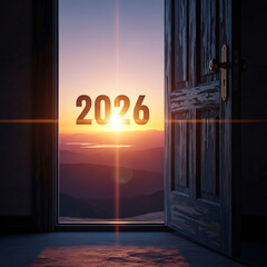 New year 2026 sunrise through open doorway symbolizing hope and future possibilities
