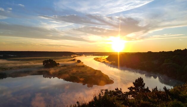 A sunrise bathes a wide, winding river in golden light, with wisps of fog clinging to the valley and tree-lined banks. Clouds streak across the pastel sky