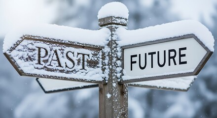 Directional Signpost Covered in Snow with Past and Future Options Outdoors in Winter
