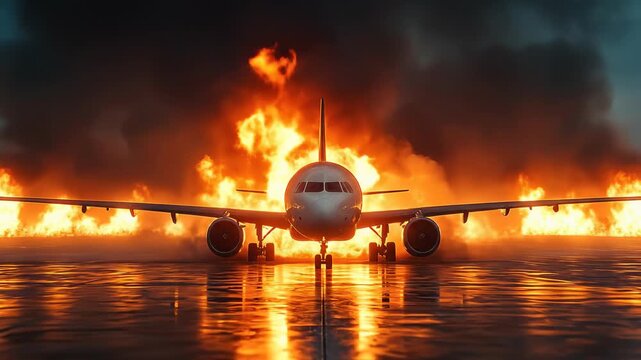 Plane explosion scene: burning tail, falling part, spreading flame, loud blast, thick smoke, broken cockpit, chaotic rescue, melted frame, glowing heat, eerie quiet, distant mountain, dark sky.