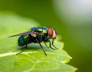 Close-up of a shiny green insect with red eyes, perched on a vibrant leaf