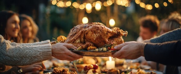 The Roast Turkey Being Shared Around a Festive Candlelit Family Dinner Table