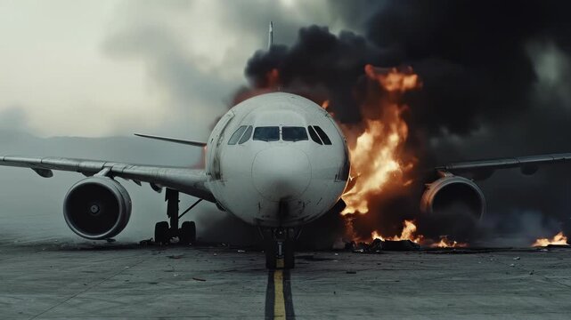 Aircraft tragedy blaze: fiery descent, glowing horizon, shattered metal, smoke trail, urgent rescue, fearful panic, burning wreck, fallen machine, tragic loss, blazing field, silent ruin, deadly