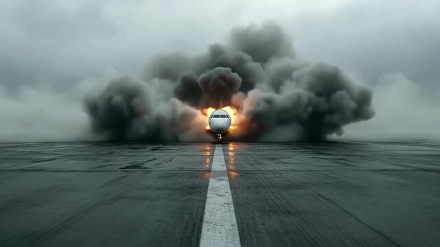 Plane fire catastrophe: blazing aircraft, thick smoke, falling debris, fiery explosion, broken wing, rescue urgency, tragic destruction, night inferno, damaged runway, emergency chaos, glowing wreck,