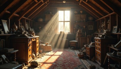 Warm sunlight floods cluttered attic room filled with aged furniture, antique objects. Dust motes dance in golden rays illuminating forgotten treasures within historic space. Scene of nostalgic