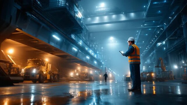 Warehouse inspection: A lone inspector, clad in safety gear, diligently surveys a vast industrial warehouse filled with heavy machinery and equipment, under the cool glow of overhead lights.