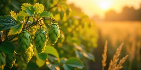Golden Autumn Harvest Hops and Barley bathed in sunlight, ready for brewing. A picturesque scene showcasing the culmination of the growing season, promising rich, flavorful beer.