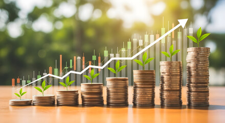 Stacks of coins with growing plants investment