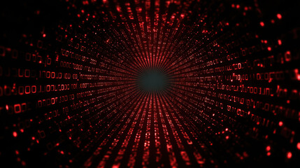 Digital tunnel of red binary numbers creates futuristic and immersive effect
