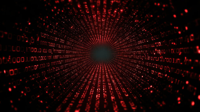 Digital tunnel of red binary numbers creates futuristic and immersive effect