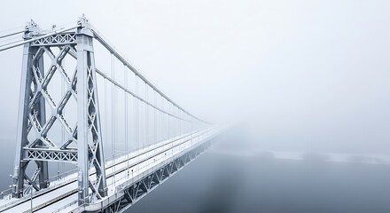 Suspension Bridge Disappearing into Fog Heavy Gray Sky Over Water Structure Perspective View