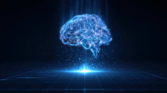 Glowing holographic brain with digital circuits floats above grid, symbolizing futuristic technology and innovation