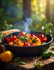 Close-up of grilled, colorful peppers steaming in a pan outdoors