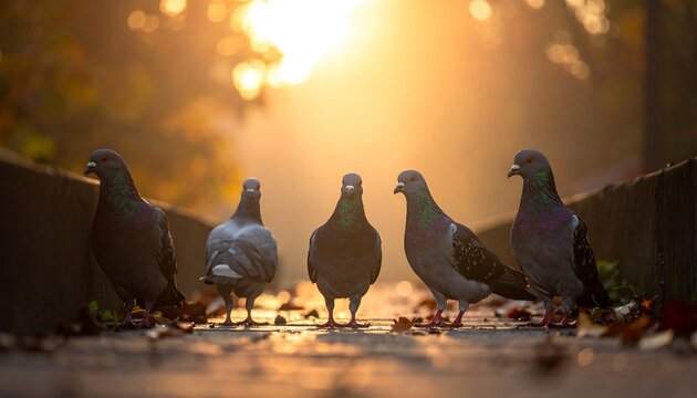 A sunlit scene reveals five pigeons standing in a row, casting shadows. Fog and a bridge set the stage. Autumn leaves add detail