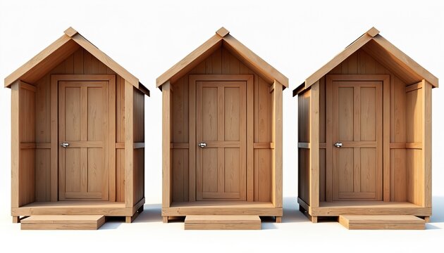 Three identical new wooden outhouses stand on white background. Small rustic building simple door, metal latch, front steps. Timber structures offer basic backyard sanitation solutions garden