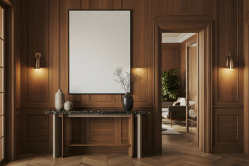 Blank picture frame mockup on wood-paneled wall