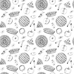 Black and white seamless pattern of ink drawn pies, apples, cinnamon and anise stars. Bakery clipart. Hand-drawn illustration for food-themed design, packaging, printing, textile, wrapping paper