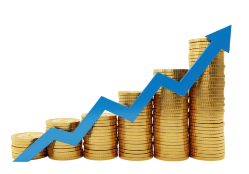 Golden Coin Bar Graph with Upward Blue Arrow transparent background